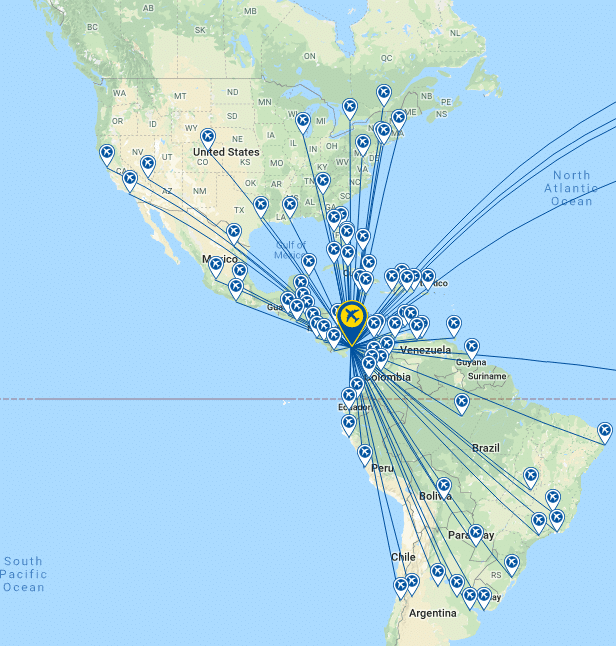 flight-map-to-panama-family-getaway Flight routes to Panama shown on a map, making it one of the best family vacation destinations with easy access.