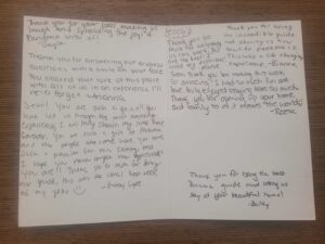 Handwritten student testimonials for Sean